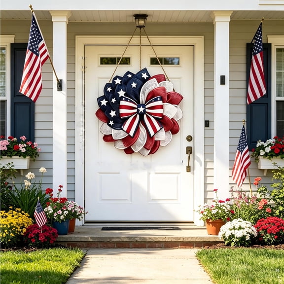 4th of July Patriotic Wreath, 250th Anniversary Memorial Wreaths American Flag Wreaths for Front Door, Independence Day Red White and Blue Wreath Memorial Day Decorations,11.81 in