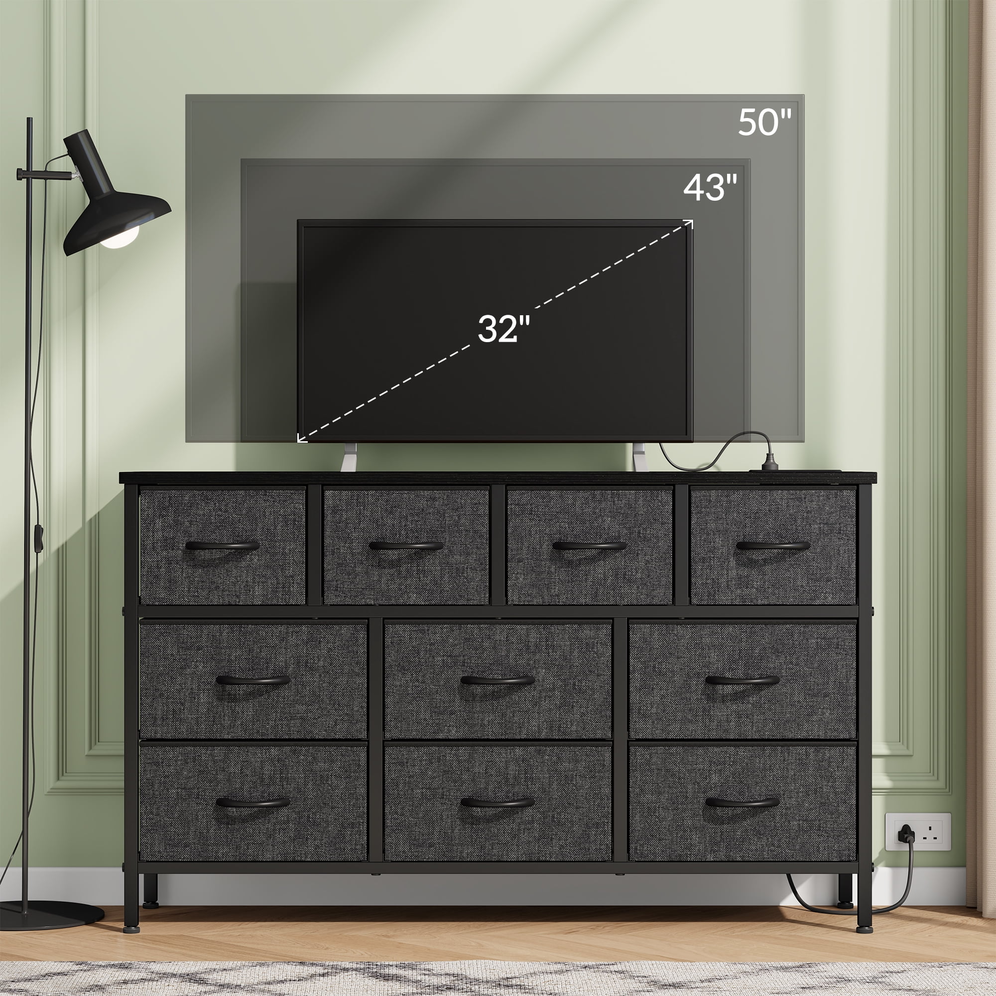 Laintene Dresser TV Stand with 10 Drawer, 50" TV Stand with Power Outlet, Fabric Dressers for Bedroom, Wooden Top for Storage, Chest of Drawers for Living Room, Hallway, Entryway, Gray
