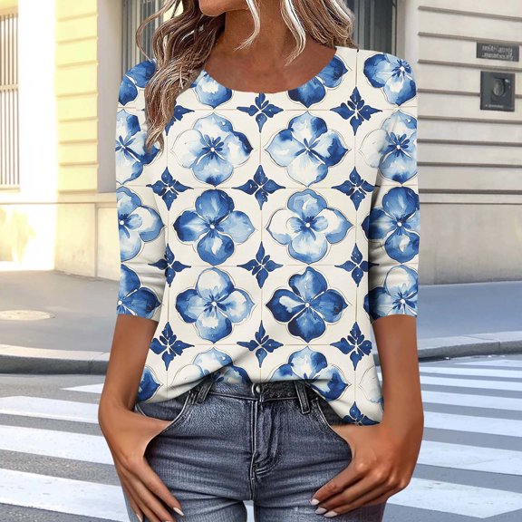 Jsaierl Women's 3/4 Sleeve Tops Casual Round Neck Shirts Retro Graphic Petite Blouses Soft Elegant T-shirts Top S-5XL