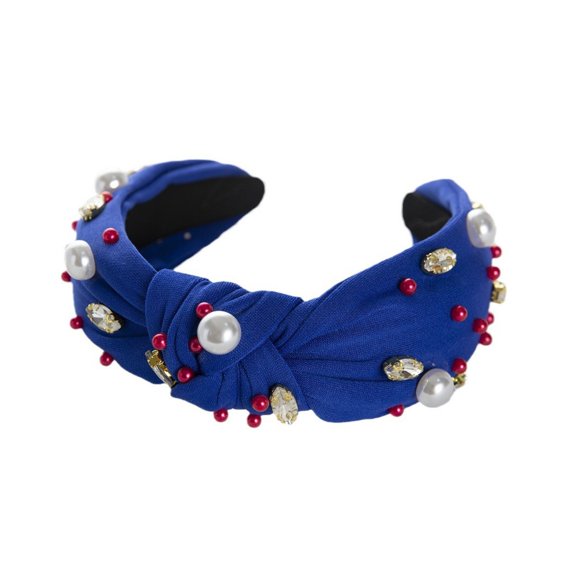 Red White Blue Pearl Rhinestone Knotted Hairband 4th of July Patriotic Fashion Wide Top Knot Headband Hair Accessories