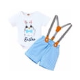 thumbnail image 3 of ZEHJUHAN Baby Boy Easter 2 Piece Outfit Short Sleeve Rabbit Bodysuit with Plaid Suspenders Pants Set，Men's pants(Blue）0-3M, 3 of 9