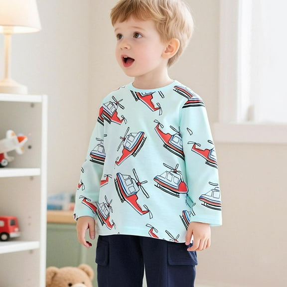 Cowsor Toddler Baby Boy Embroidered Graphic Long Sleeve T-Shirt Excavator Tops Kids Striped Tees