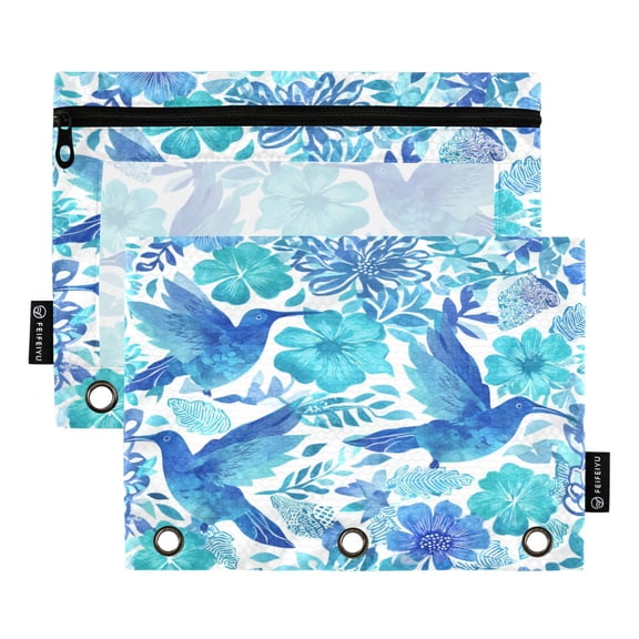 2 Pack 3 Ring Binder Pouch with Clear PVC Window Water Resistant Zipper Pencil Pouch Blue Hummingbirds Binder Pocket for Classroom Office Home Stationery Organization