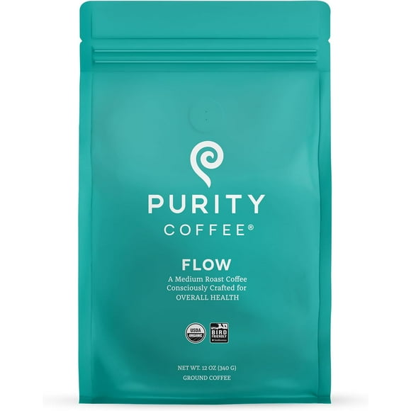PURITY COFFEE FLOW Original Medium Roast Ground (340g Bag) | Specialty-Grade USDA Organic Arabica Blend | Third Party Tested for Mold, Mycotoxins & Pesticides