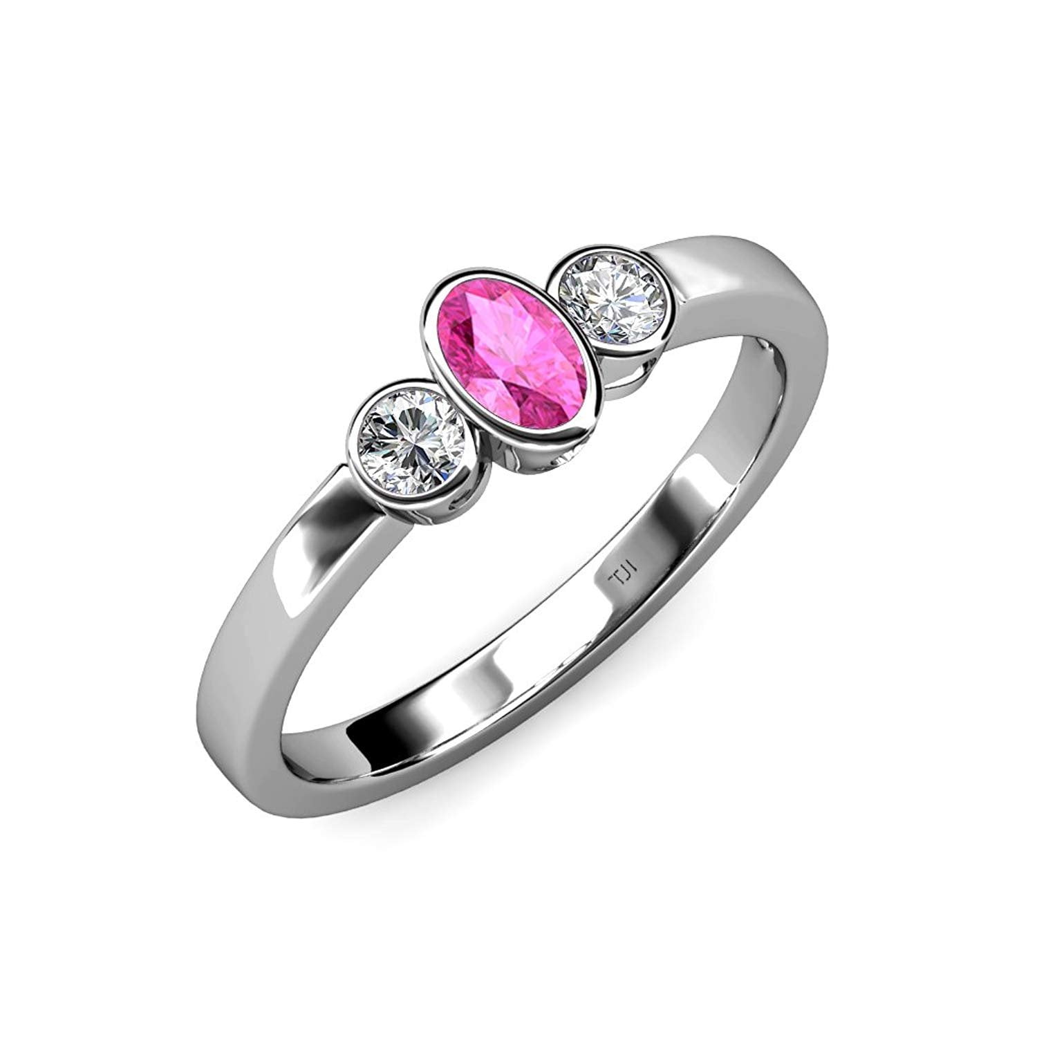 Pink Sapphire and Diamond (SI2-I1, G-H) Three Stone Ring 0.83 ct tw in 14K White Gold.size 8.5 by TriJewels