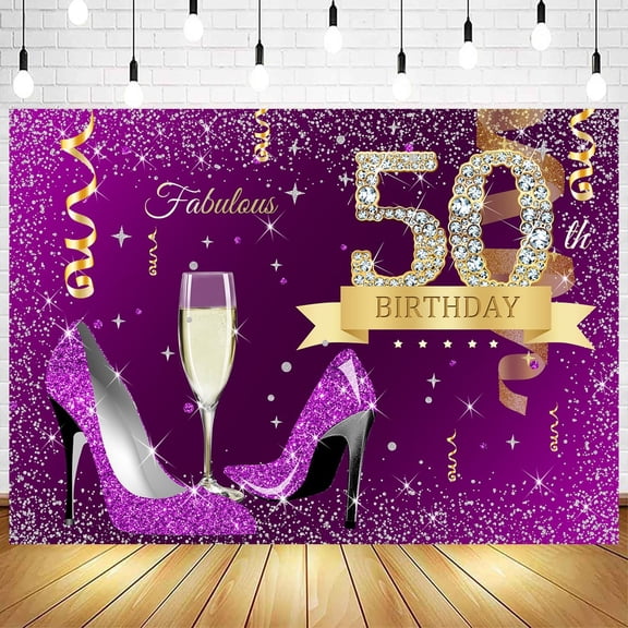 Purple 50th Birthday Backdrop for Lady Women Glitter Gold Sequins Stars Dots Heels Fabulous 50 Fifty Years Old Bday Party Decorations Banner Supplies Photo Booth Props