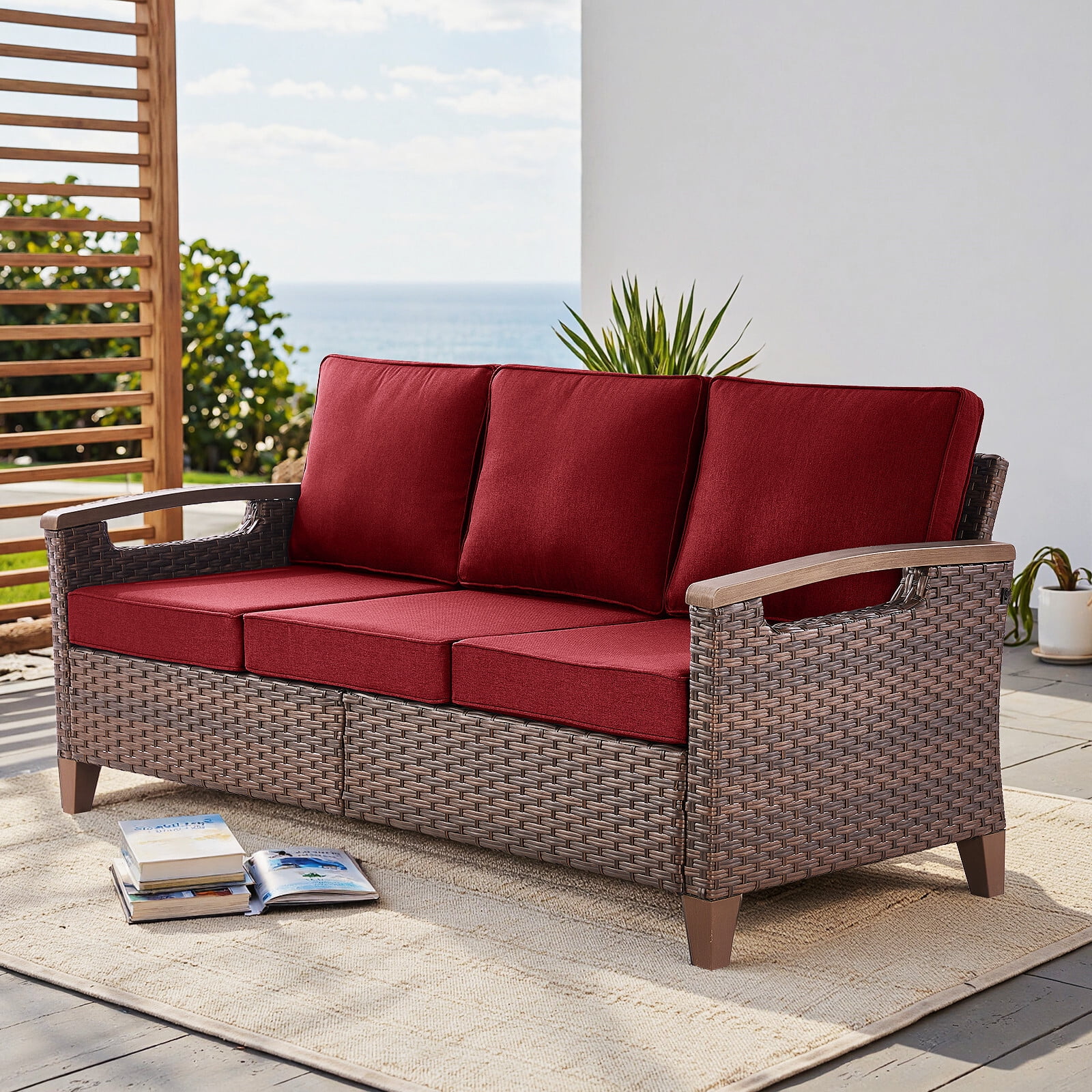 Bellefurn Wicker Patio Sofa Outdoor Couch,Patio 3 Seater Sofa Outdoor Rattan Furniture Sofa with Non-Slip Thick Cushions for Outdoor,Garden,Lawn,Backyard