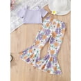 thumbnail image 3 of Suealasg Little Girls Pants Sets Hawaiian Outfit Short Sleeve Cold Shoulder Crop Tops +Flower Pattern Flare Pants Kid Girls Summer 2Pcs Clothes Set 4-7 Years, 3 of 9