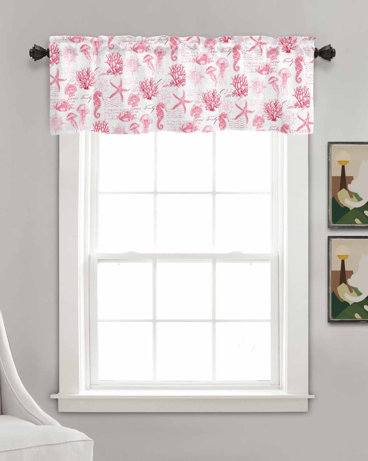 Pink Ocean Coastal Kitchen Valances for Windows Farmhouse Linen Window Valance Curtain for Living Room Window Treatment Nautical Starfish Jellyfish Coral Valance Rod Pocket Topper Drape, 42 x 18 Inch