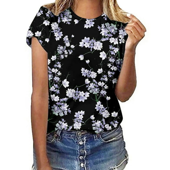 Floral Print Round Neck Short Sleeve T Shirt For Women Spring Summer Casual Top