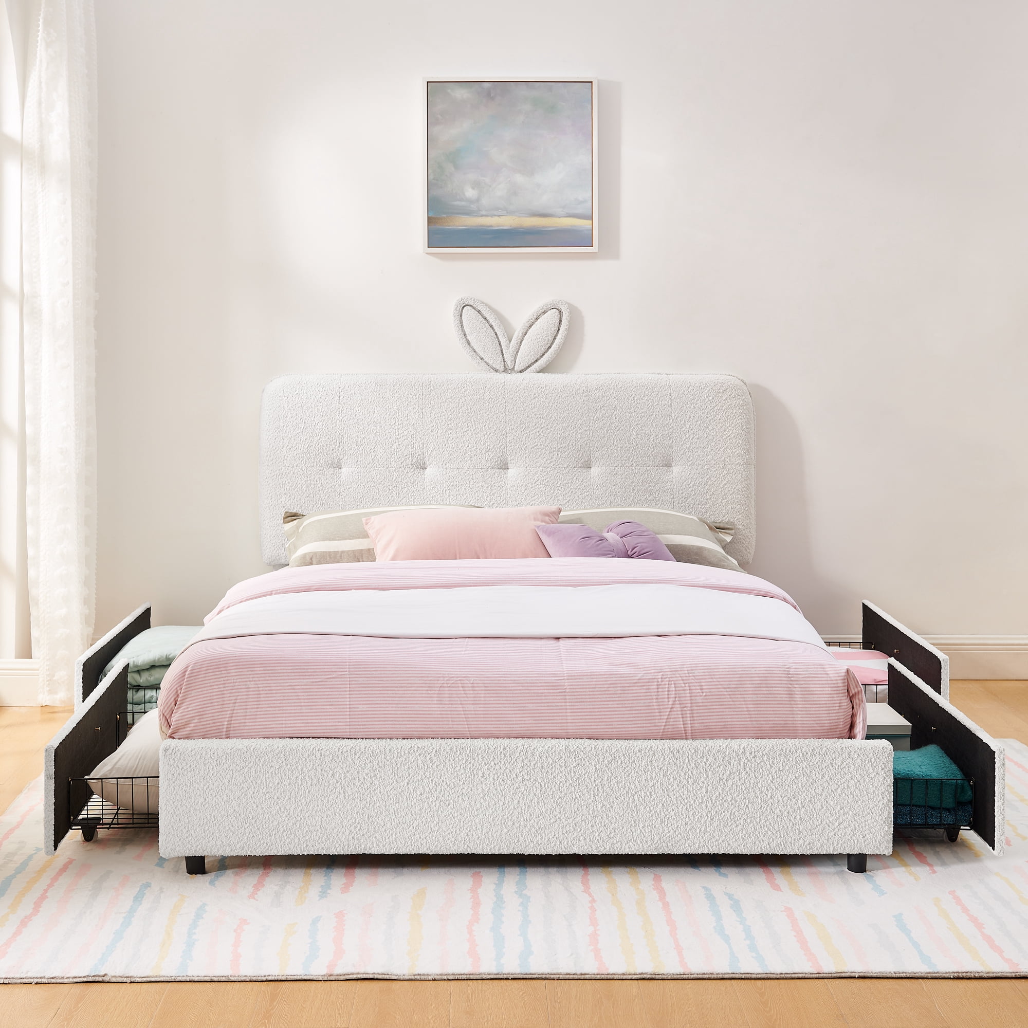 Mintazer Queen Upholstered Kids Bed with Oversized Rabbit Ear Headboard, Boucle Fabric Platform Bed with LED Headboard & 4 Storage Drawers, Beige