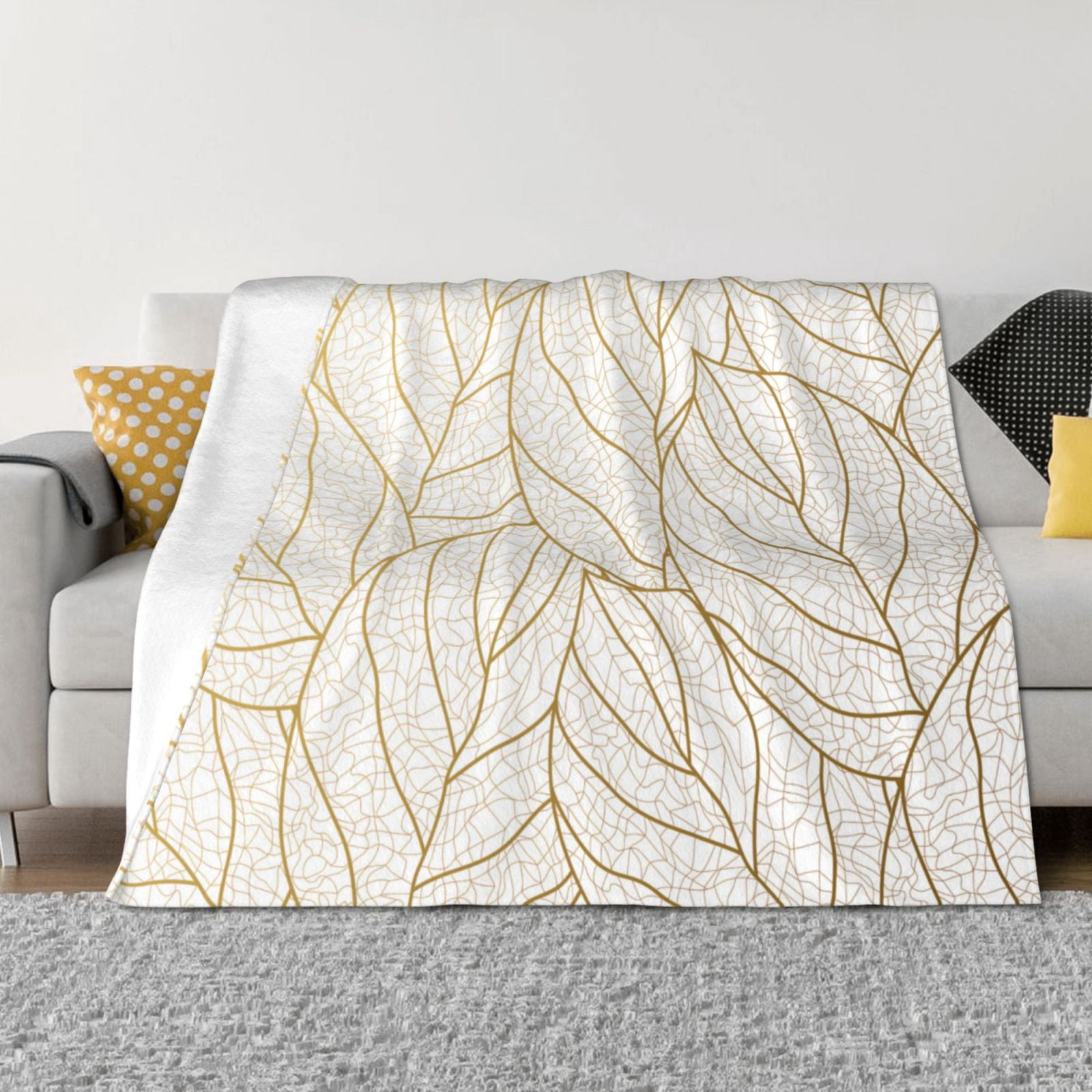 Qekee Elegant Gold Leaf Pattern Print 240g Flannel Fleece Blanket, Soft ...