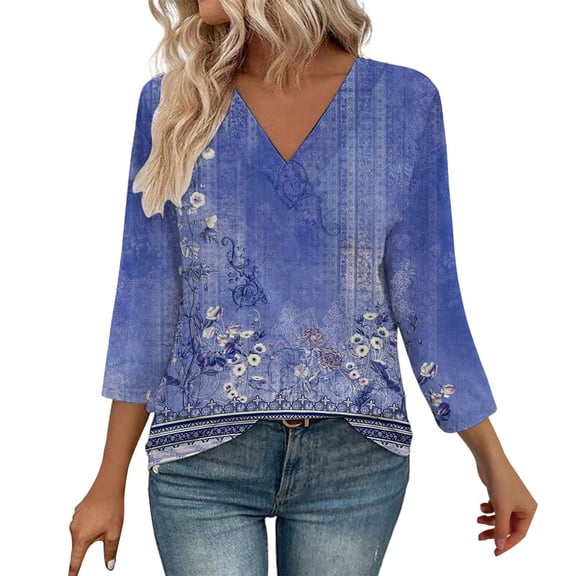 Long Sleeve Shirts For Women 3/4 Length Sleeve Tops V Neck Casual Tunic Tops Basic Shirts Loose Fit Blouse Womens Long Sleeve Tops