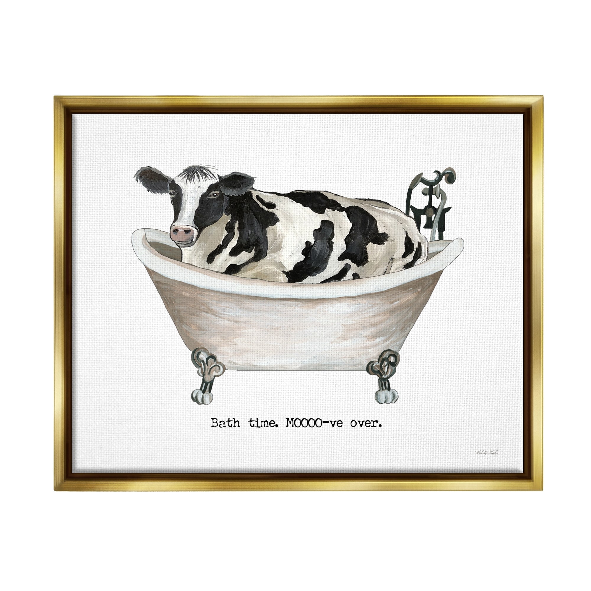 Stupell Industries Moo-ve Over Bath Time Cow Farmhouse Bathroom Sign Graphic Art Metallic Gold Floating Framed Canvas Print Wall Art, Design by Cindy Jacobs