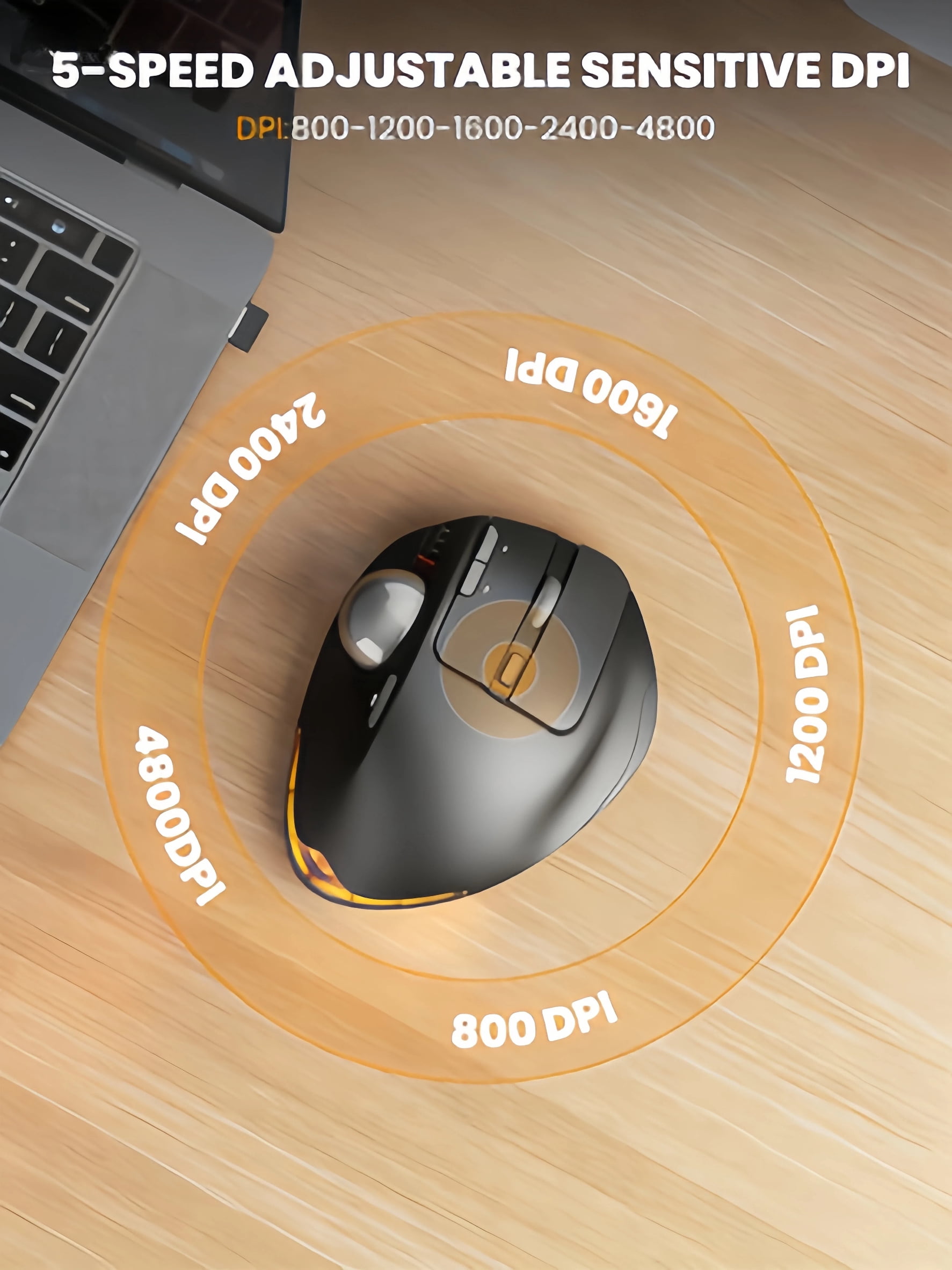 Ergonomic Wireless Trackball Mouse, Adjustable Angle, Thumb Control, Quiet Click, Rechargeable, Multi-Device Bluetooth & USB, for Windows Mac-Black Ball