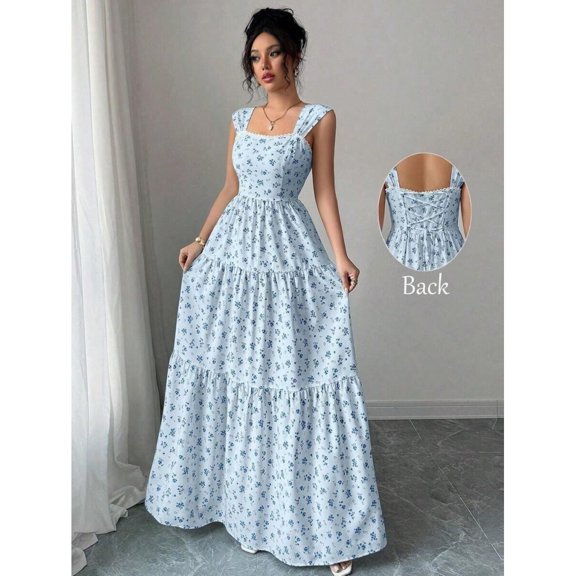 Baby Blue Floral Print Sleeveless Waist-Cinched Maxi Dress With Square Neck And Tiered Skirt For Spring Summer