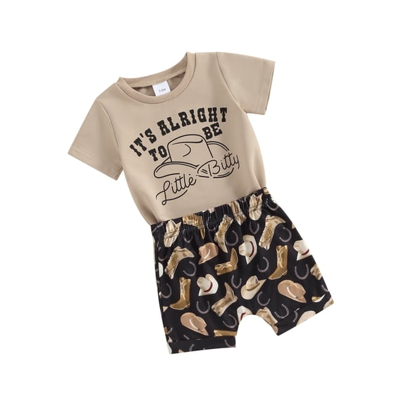 FEORJGP Toddler Boy Western Shorts Set 3M 6M 1T 2T 3T Infant Short Sleeve T-Shirt Letter Print Shirt Crew Neck Tops with HatBoot Pattern Shorts Kids Casual 2Pcs Summer Outfit