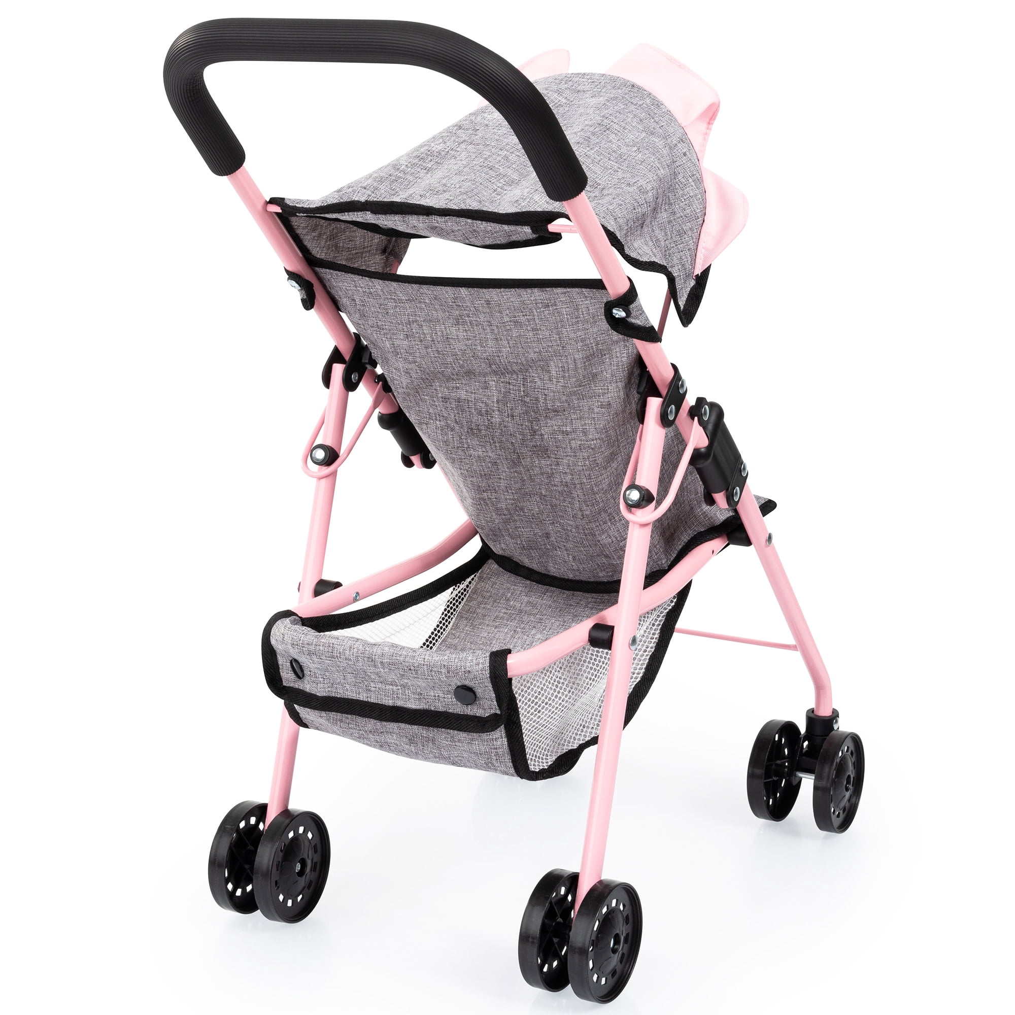 Bayer Design: Doll Buggy - Grey-Soft Pink-Butterfly - Handbag, Folding Play Stroller For Dolls Up To 16", Sunshade, Swivel Wheels, Seat Belt, Kids 3+