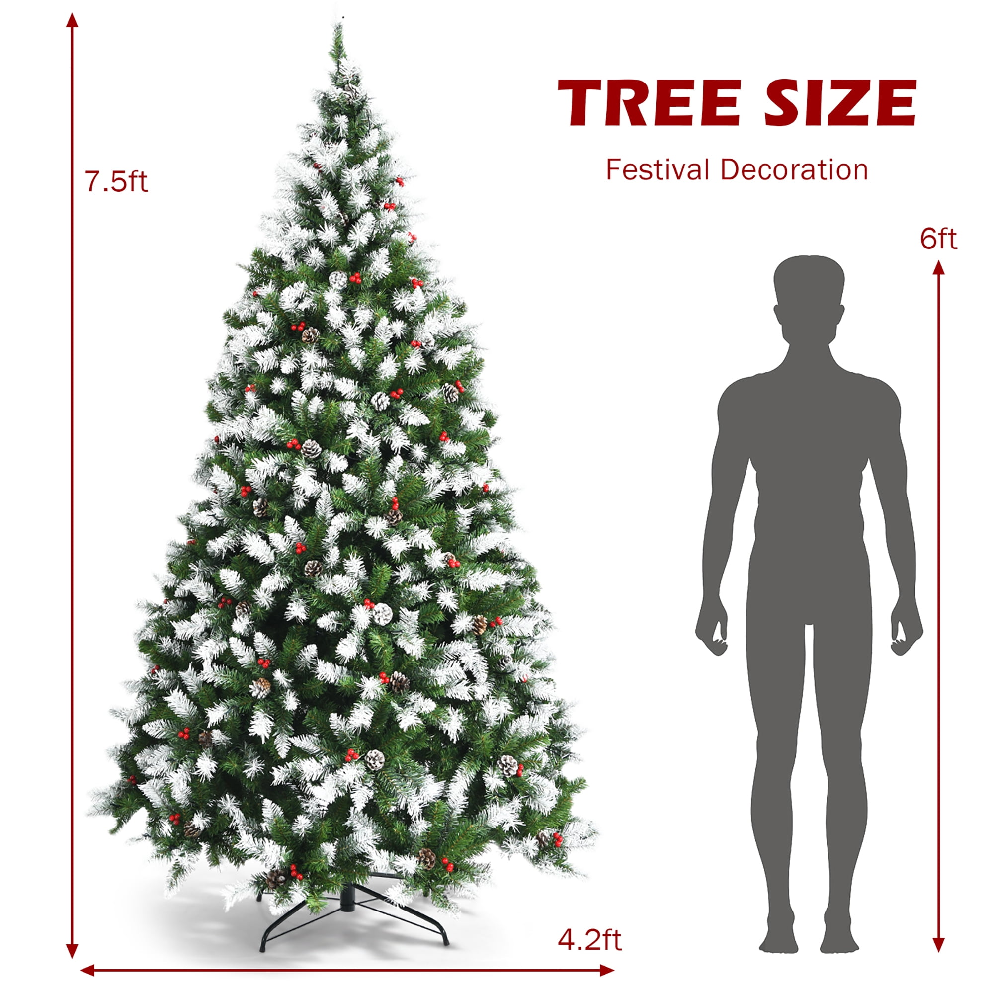 Costway 7.5ft Pre-lit Snowy Christmas Tree 1398 Tips with Pine Cones & Red Berries