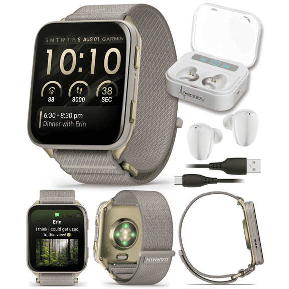 Garmin Venu X1 Thin and Lightweight GPS Smartwatch, AMOLED Display, Soft Gold with Titanium Caseback & French Gray Nylon Band with Wearable4U White EarBuds Bundle