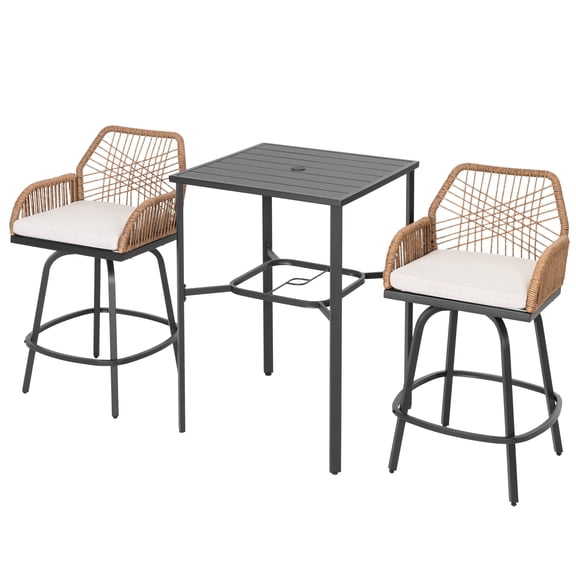 Nuu Garden 3-Piece Patio Bar Set with Removable Cushions, Outdoor Bar Height Table and 2 Handwoven Twisted Rattan Swivel Patio Bar Stool Chairs, Powder-Coated Metal Frame, Black and Beige