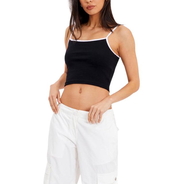xiaxaixu Women's Basic Crop Cami Tops, Sleeveless Spaghetti Strap Contrast/Solid Color Camisole