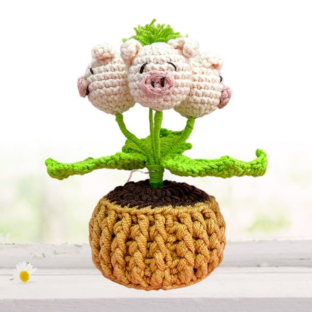 Crochet Potted Plants with LED Light Handmade Crochet Bellflower Mini Knitted Fake Flower Simulation Immortal Flower