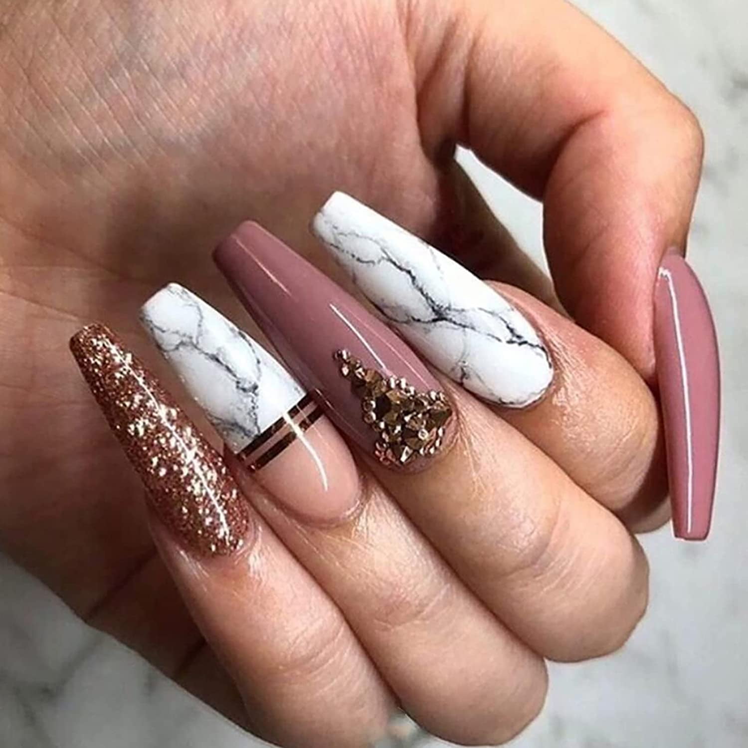 Fake Nails with Glue, Press on Nails Long Coffin Nails, Luxury Marble Glitter Rhinestone Acrylic Nails Artificial French Tip for Women/Daily/Party, 24PCS/Set (glitter marble) Fake Nails with Glue, Press on Nails Long Coffin Nails, Luxury Marble Glitter Rhinestone Acrylic Nails Artificial French Tip for Women/Daily/Party, 24PCS/Set (glitter marble)
