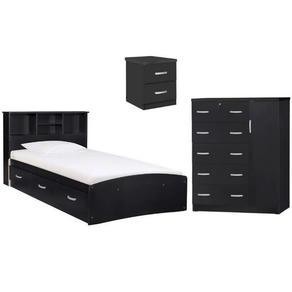 Home Square 3-Piece Set with Twin Bed Tall Chest Wardrobe & Nightstand in Black
