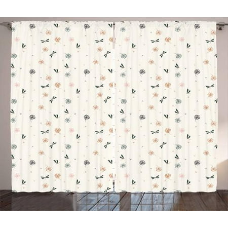 Dragonfly Curtains 2 Panels Set Flyaway Dandelions Spring Bugs On Champagne Color Background Hand Drawn Nature Window Drapes For Living Room