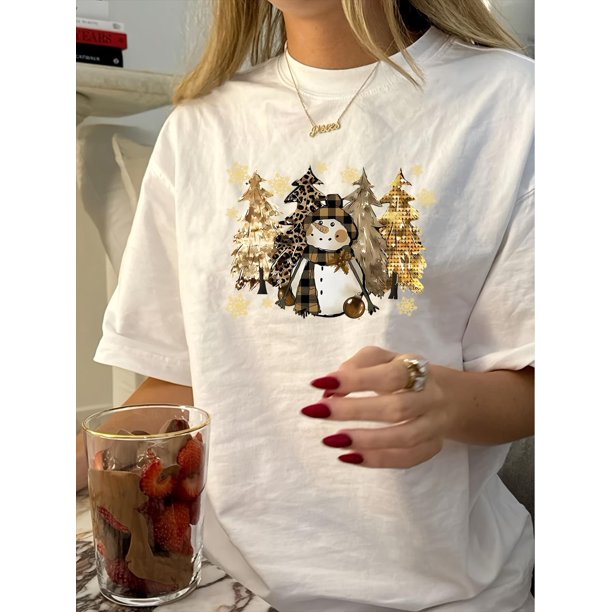 Women's Vintage-Inspired Christmas Tree Graphic Tee - Casual Crew Neck, Short Sleeve, Polyester Blend, Machine Washable, Non-Sheer - Perfect for Summer