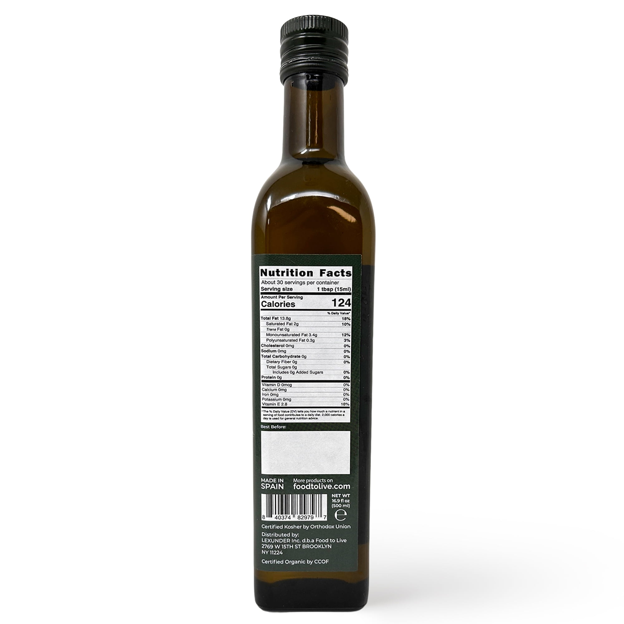 Food To Live Organic Extra Virgin Olive Oil, 16.9oz (500ml) – Kosher, Vegan (Pack of 6)