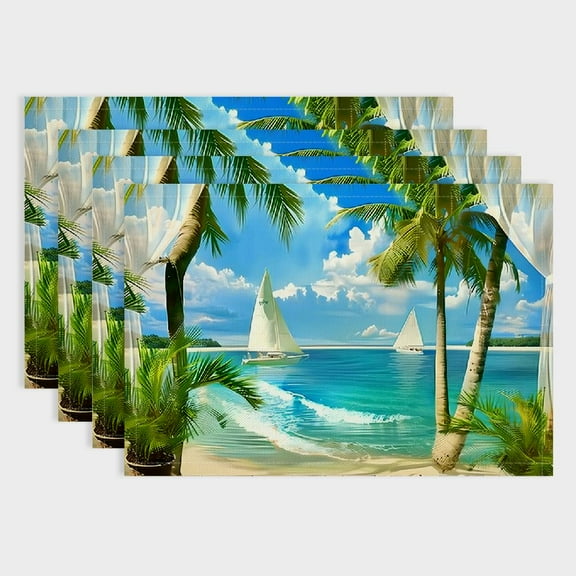 Shiartex Palm Trees Sailboat Beach Indoor Outdoor Table Placemat Linen Dining Placemats 4 Pack for Birthday Parties, Christmas, Restaurants, Buffets, Home Decor 18x12in
