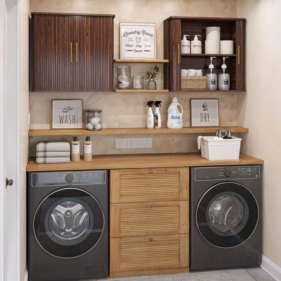 FIMELLO 59" W Laundry Room Cabinets Wall Mounted, Kitchen Wall Cabinet with Sliding Tambour Door, Floating Cabinet for Wall, Upper Cabinets, Hanging Wall Cabinets, Brown Walnut