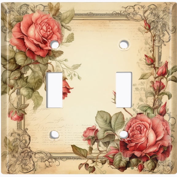 Metal Light Switch Wall Plate Outlet Cover (Printed Image of Vintage Floral Frame - Double Toggle)
