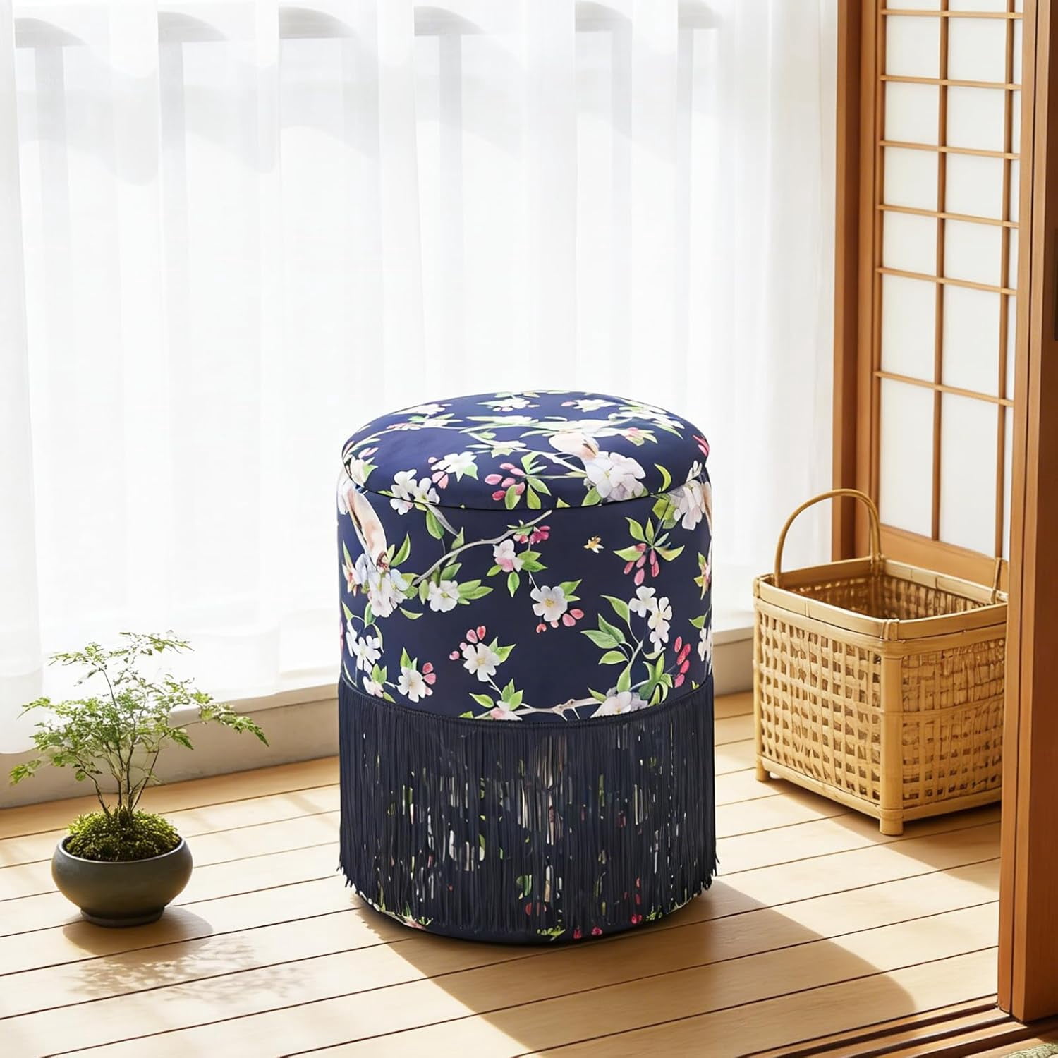 Casa Pura Furniture Storage Ottoman Round Velvet with Fringe Blue Hidden Storage 17.72 in H