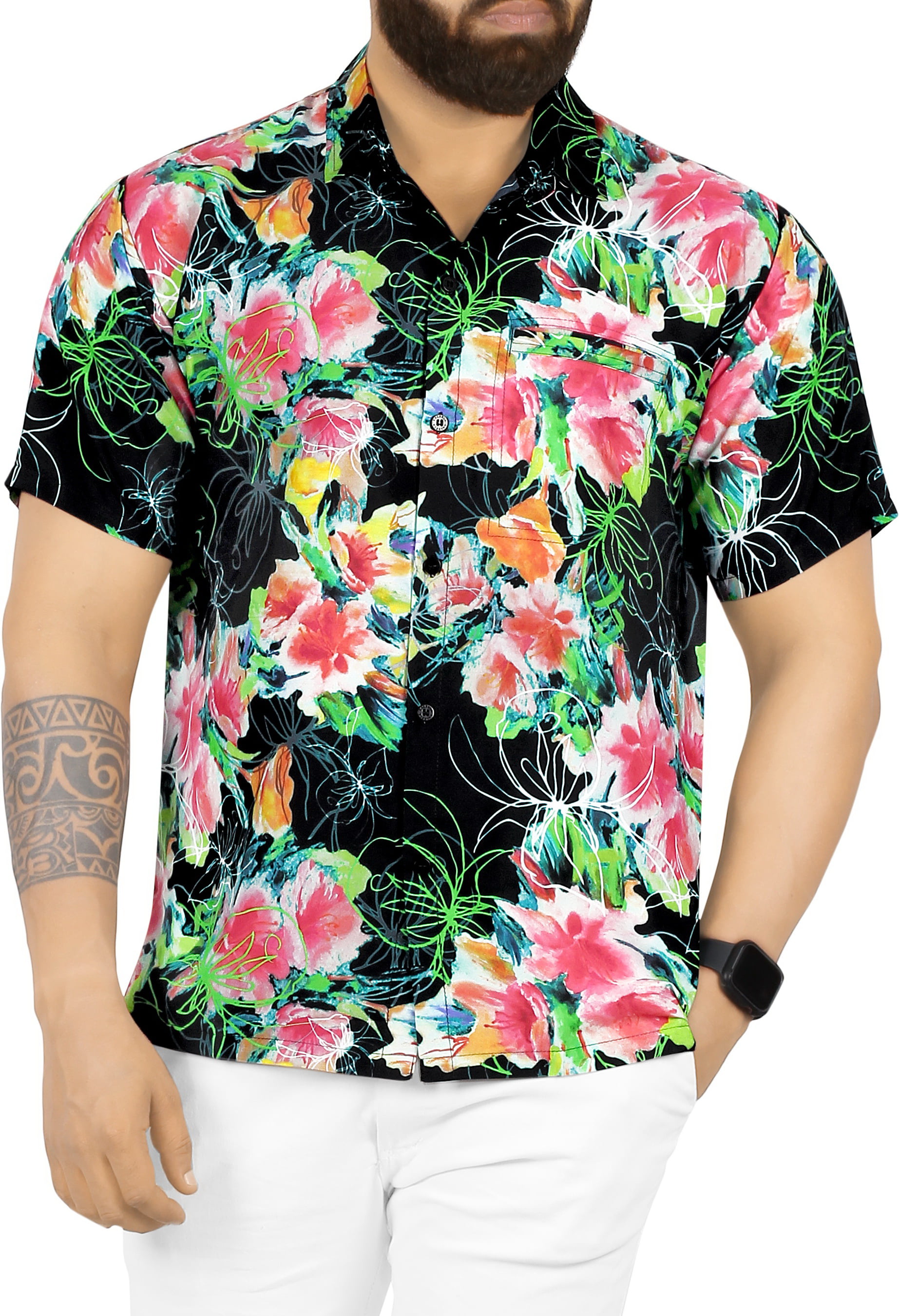 EELa Mens Short Sleeve Printed Floral Flower Casual Button Down Shirt Summer Hawaiian M 