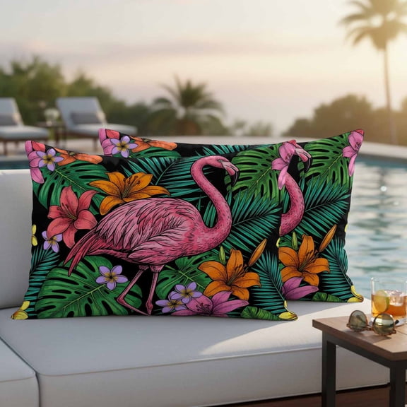 Summer Flamingo Outdoor Pillow Covers 20x12 Inch Lumbar Pillow Covers Set of 2 Waterproof Decorative Throw Pillow Cases Tropical Botanical Green Monstera Leaf Cushion Covers for Patio Furniture