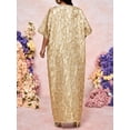 thumbnail image 2 of Gold Floral Jacquard Maxi Tunic Dress With Batwing Sleeves, Front Split, Notched V-Neck, Ornamental Buttons, 2 of 7