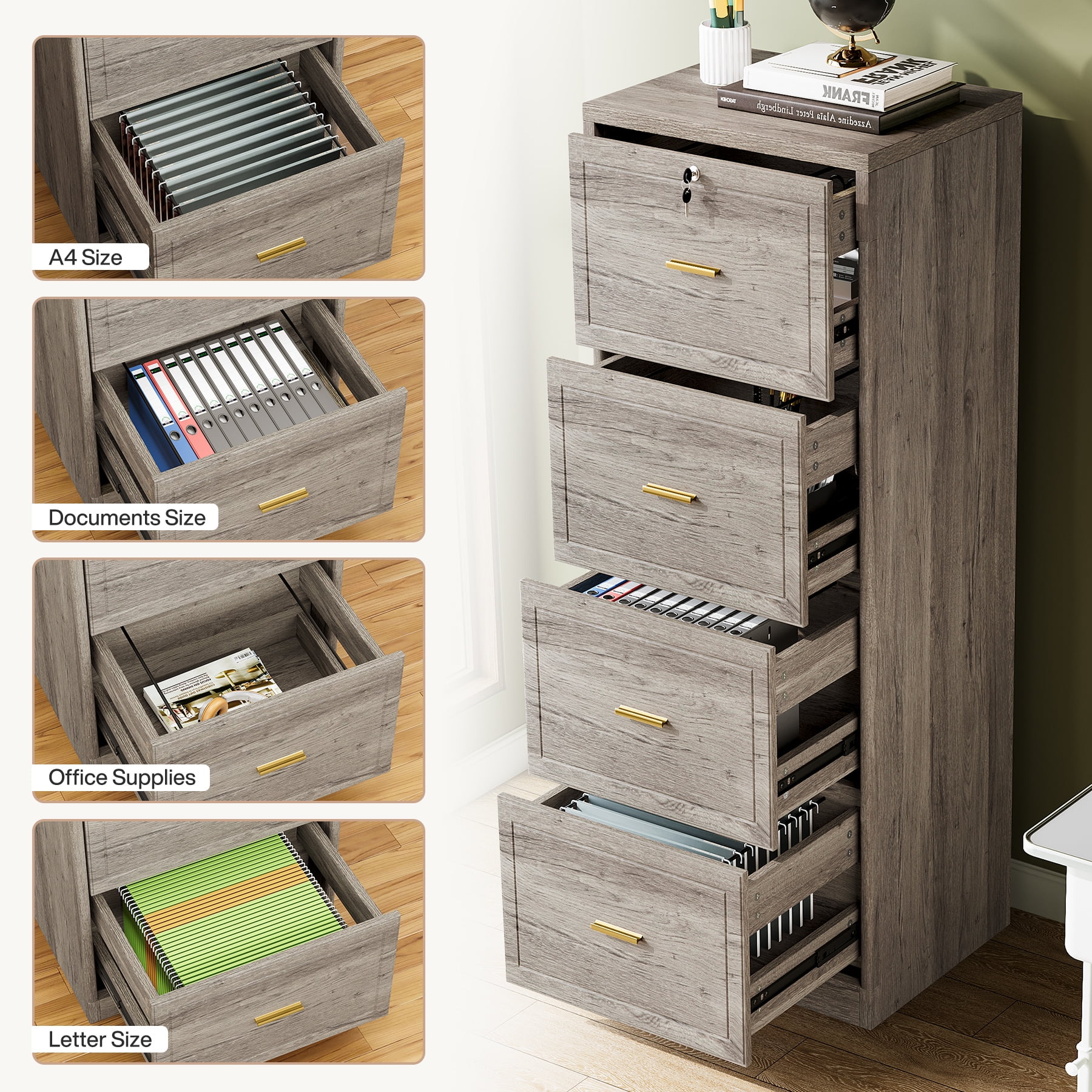 Fnova 4-Drawer File Cabinet, Tall Filing Cabinet with Lock and Key, Heavy Duty Wooden Vertical Office Storage Organizer for Legal Size/Letter/A4/Files, Home Office, Gray