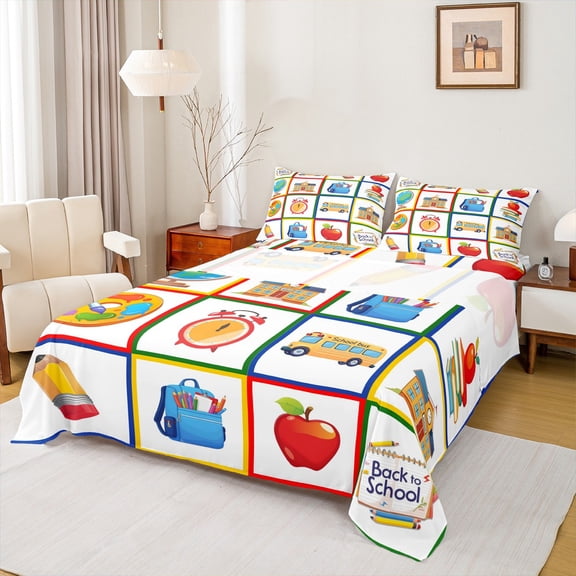 Homewish Cartoon Bus Twin Sheet Sets,Cute Bags Apple Twin Fitted Sheet,Colorful Print Flat Sheet For Teens,Microfiber Bedroom Decor,3pcs