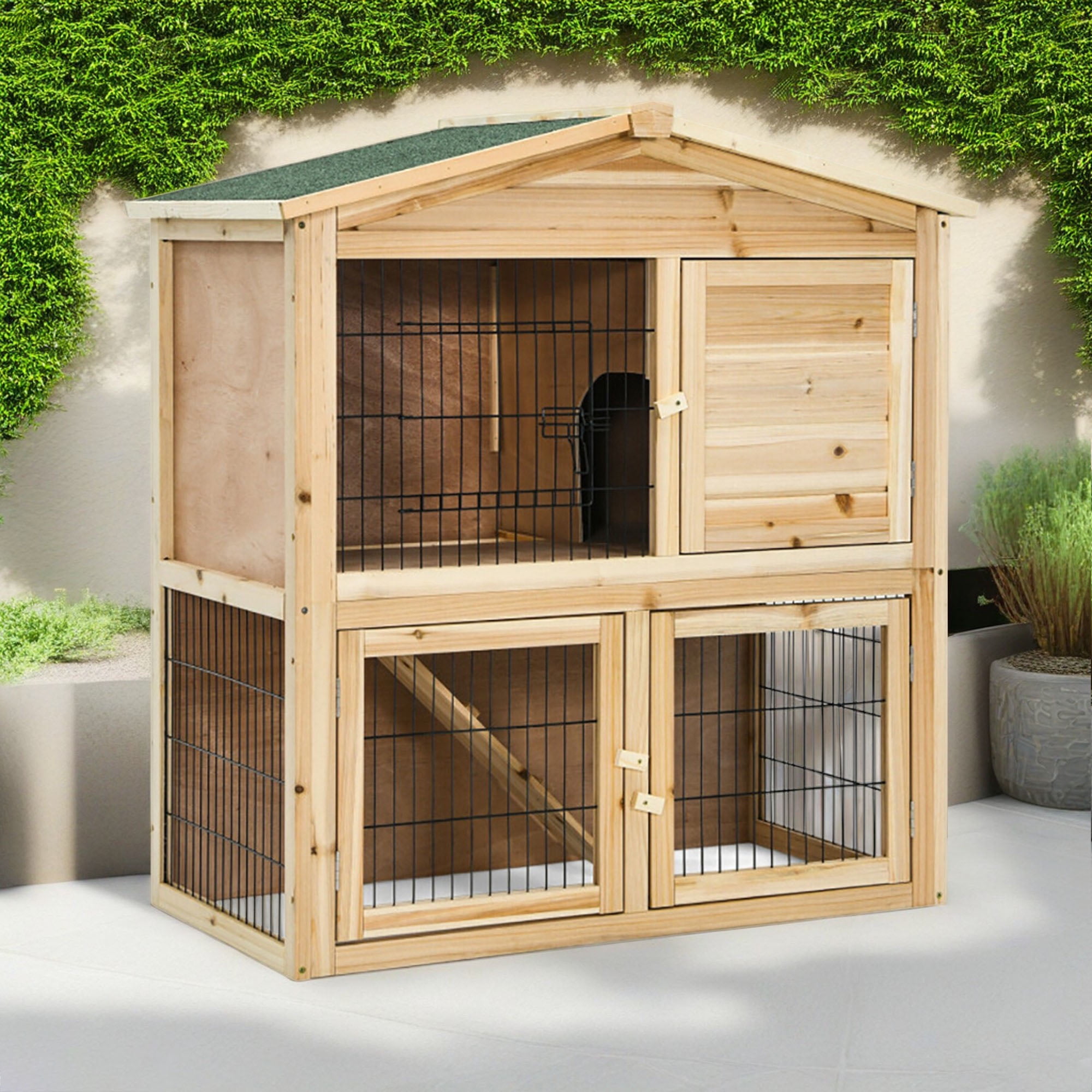 Kadyn 40" 2 Story Rabbit Hutch with Trays, Outdoor Weatherproof Bunny Cage with Ramp, Pet House Chicken Coops, Beige