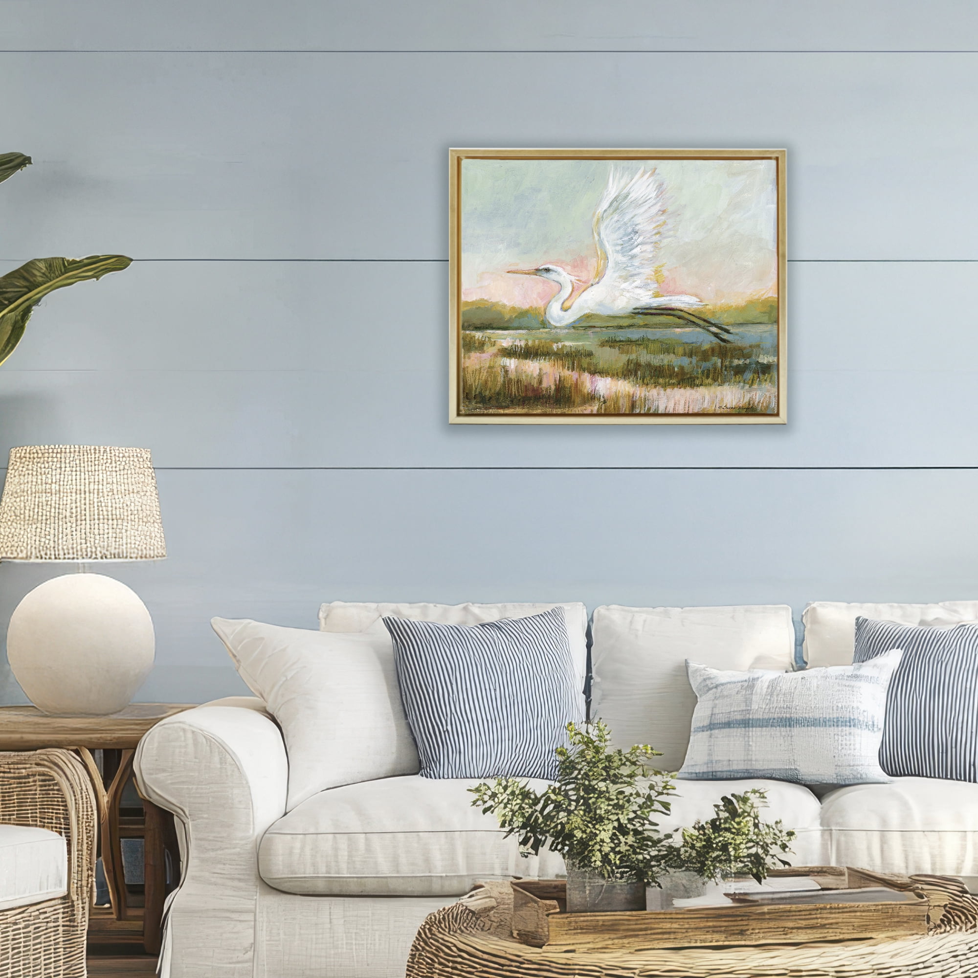 Stupell Industries White Heron Flying Gold Framed Floater Canvas Wall Art, design by Susan Winget