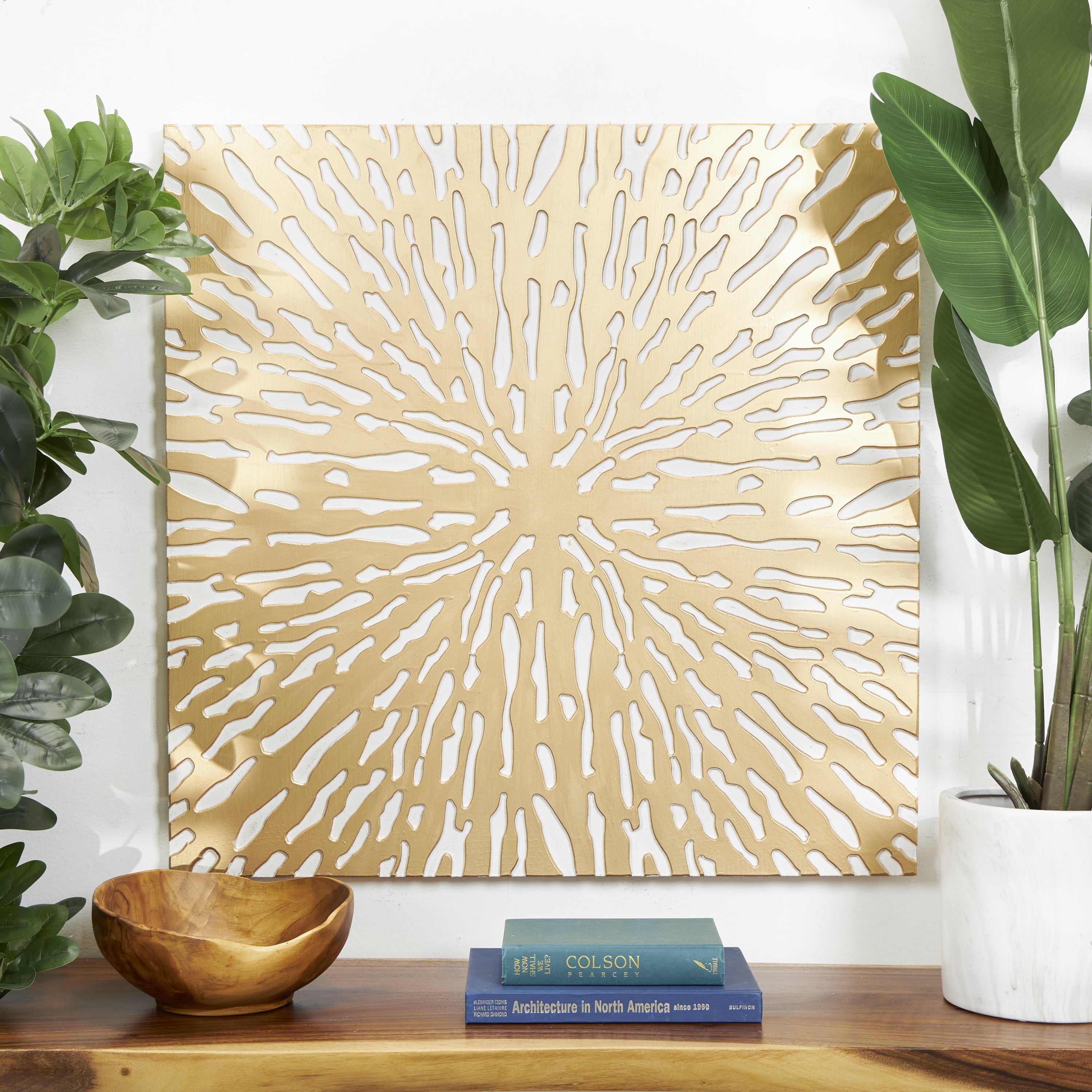 DecMode Gold Wooden Abstract Carved Starburst Wall Decor with White Backing