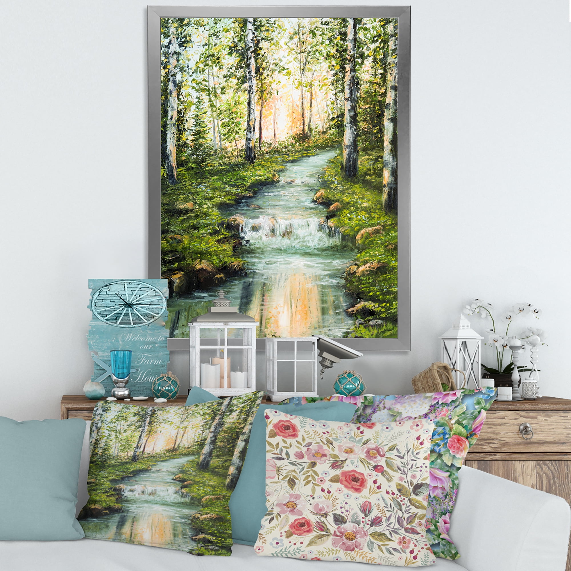 Designart 'River Through Green Birch Forest' Lake House Framed Art Print