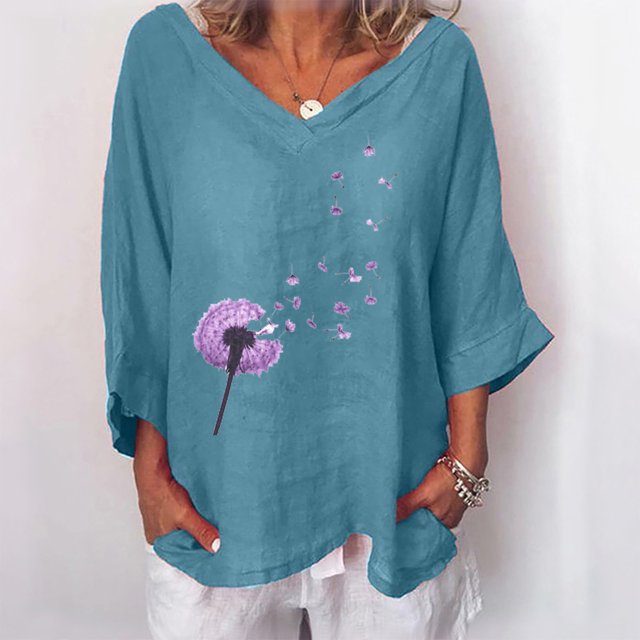 LOVZFMLL Tops Hauts d'Été pour Femmes Mode Imprimé Col en V Manches Trois-Quarts T-shirt Blouse Amples