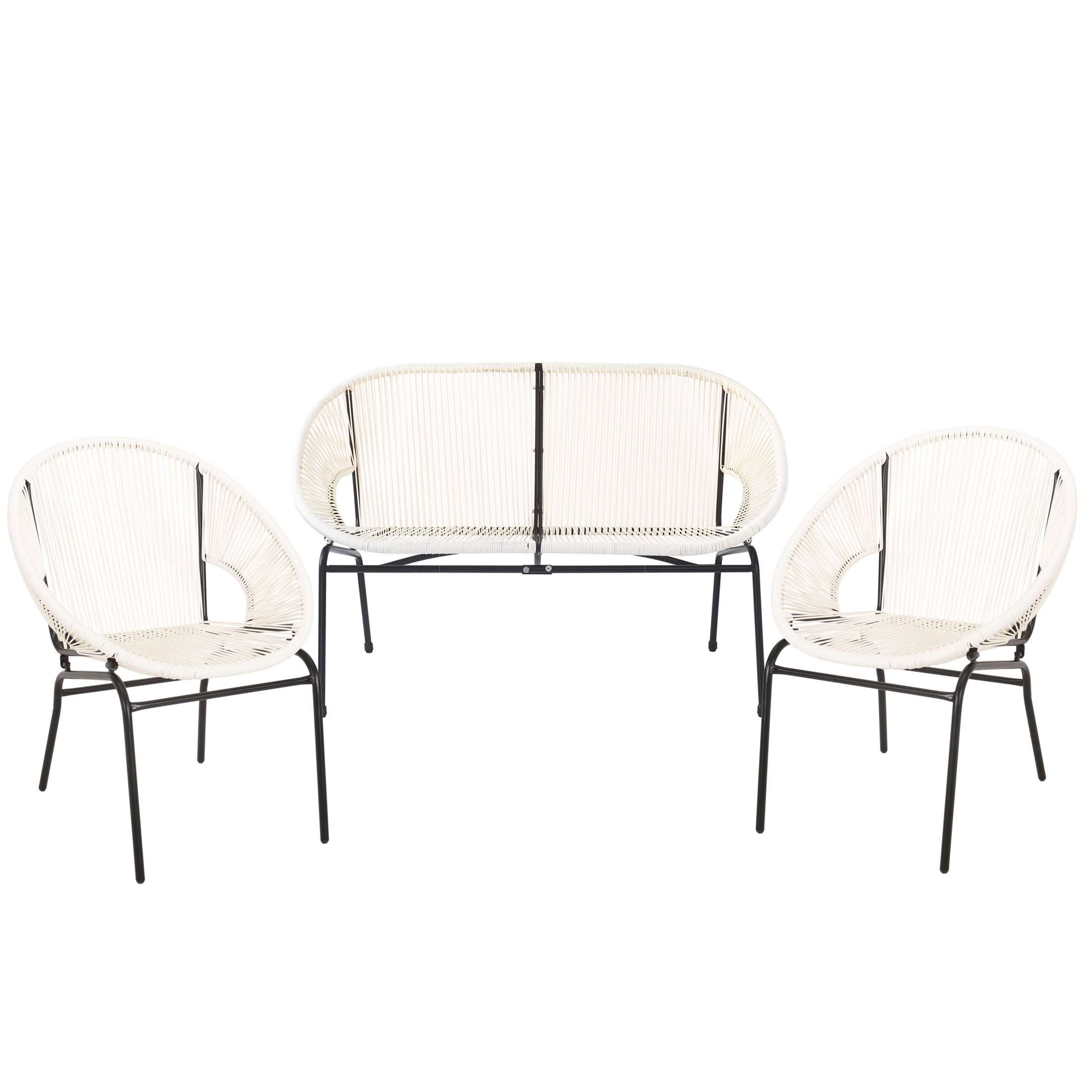 Christopher Knight Home 3-Piece Outdoor Patio Chat Set, Woven Rattan Club Chairs & Loveseat with Iron Frame, White