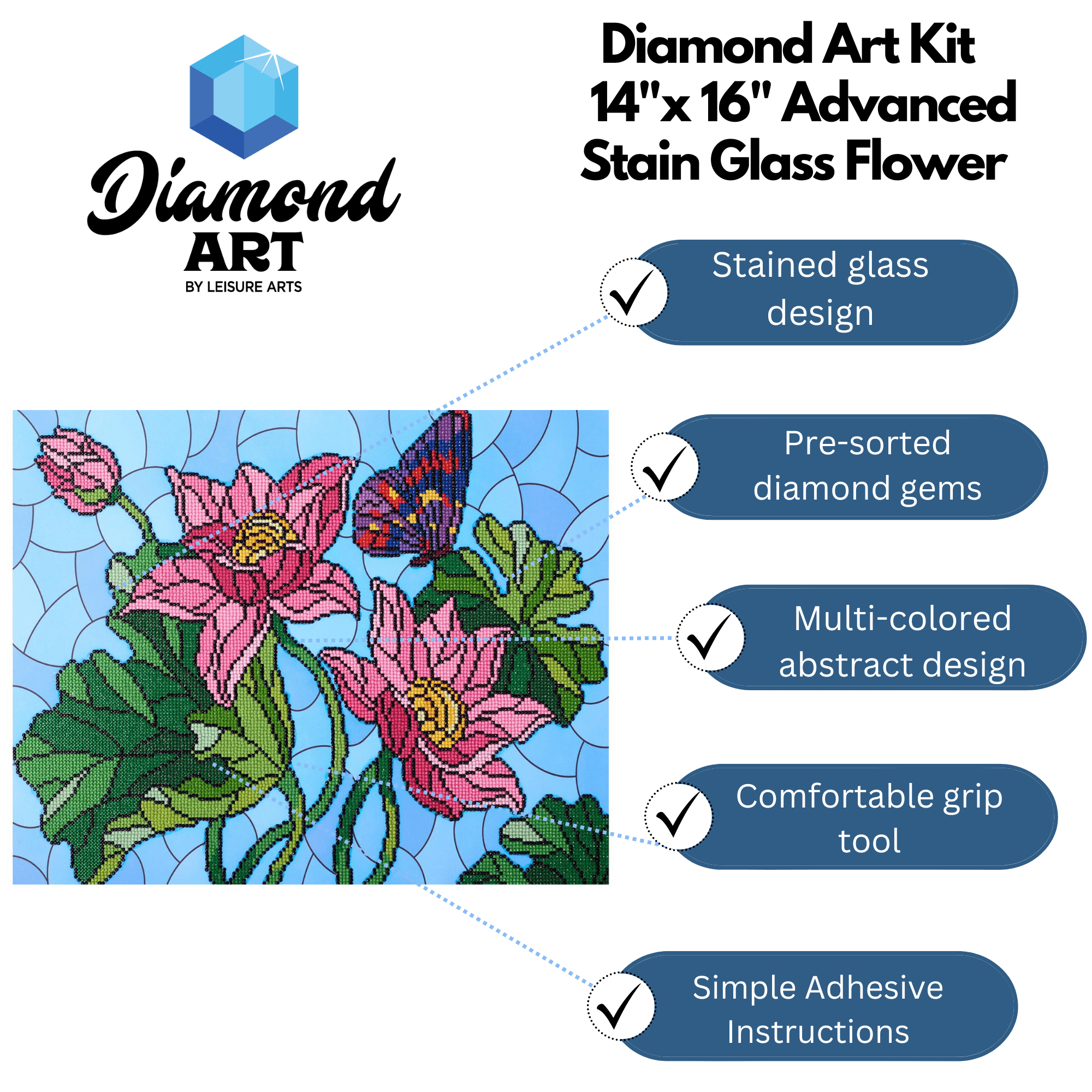 Diamond Art By Leisure Arts Diamond Painting Kits For Adults 16"X20" Advanced Stain Glass Flower, Full Drill, Art Kits, Dimond Art, For Adults, Kit
