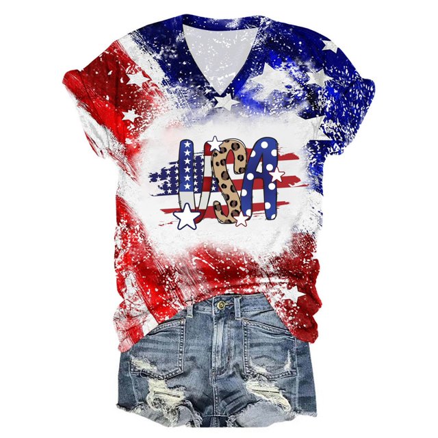 Fiudx Ropa de Mujer Camiseta Informal de Manga Corta con Cuello En V y Estampado Del Día de La Independencia de Ee.Uu. Uu. para Mujer