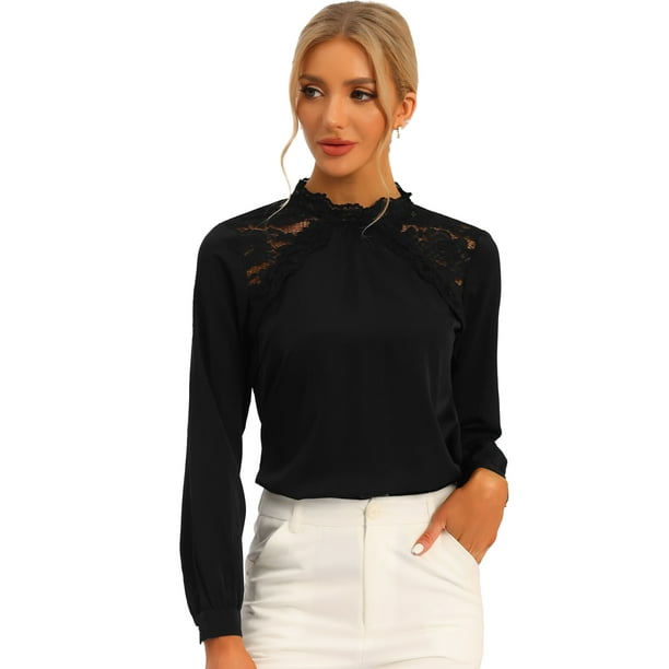Blusas elegantes para mujer con cuello alto y manga larga con panel de encaje Negro L